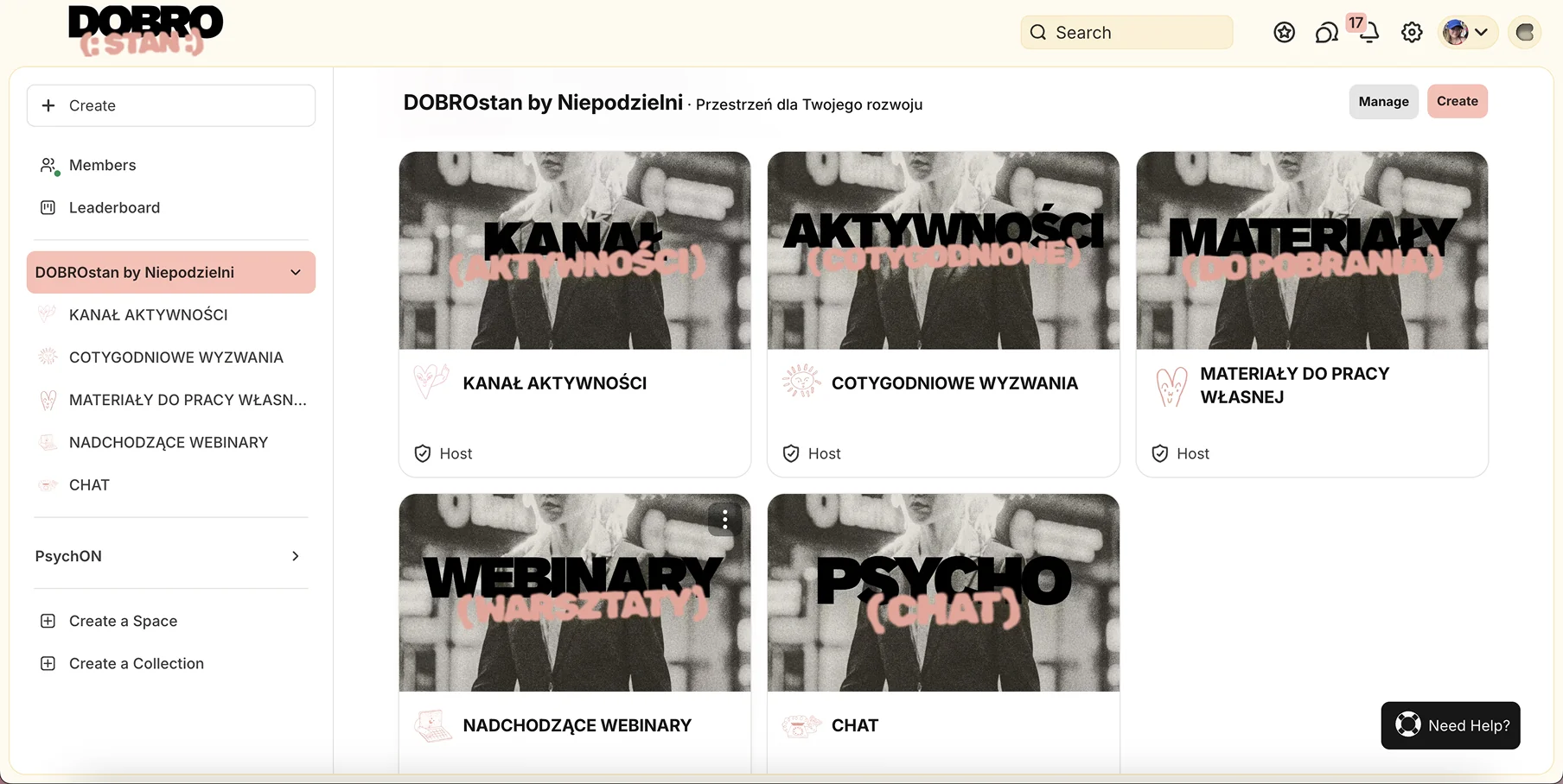 Podgląd platformy DOBROstan: kanał aktywności, cotygodniowe wyzwania, materiały, webinary, czat